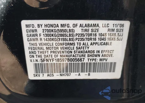 2007 Honda Pilot Ex-L z USA, uszkodzony, nr VIN 5FNYF18597B005667